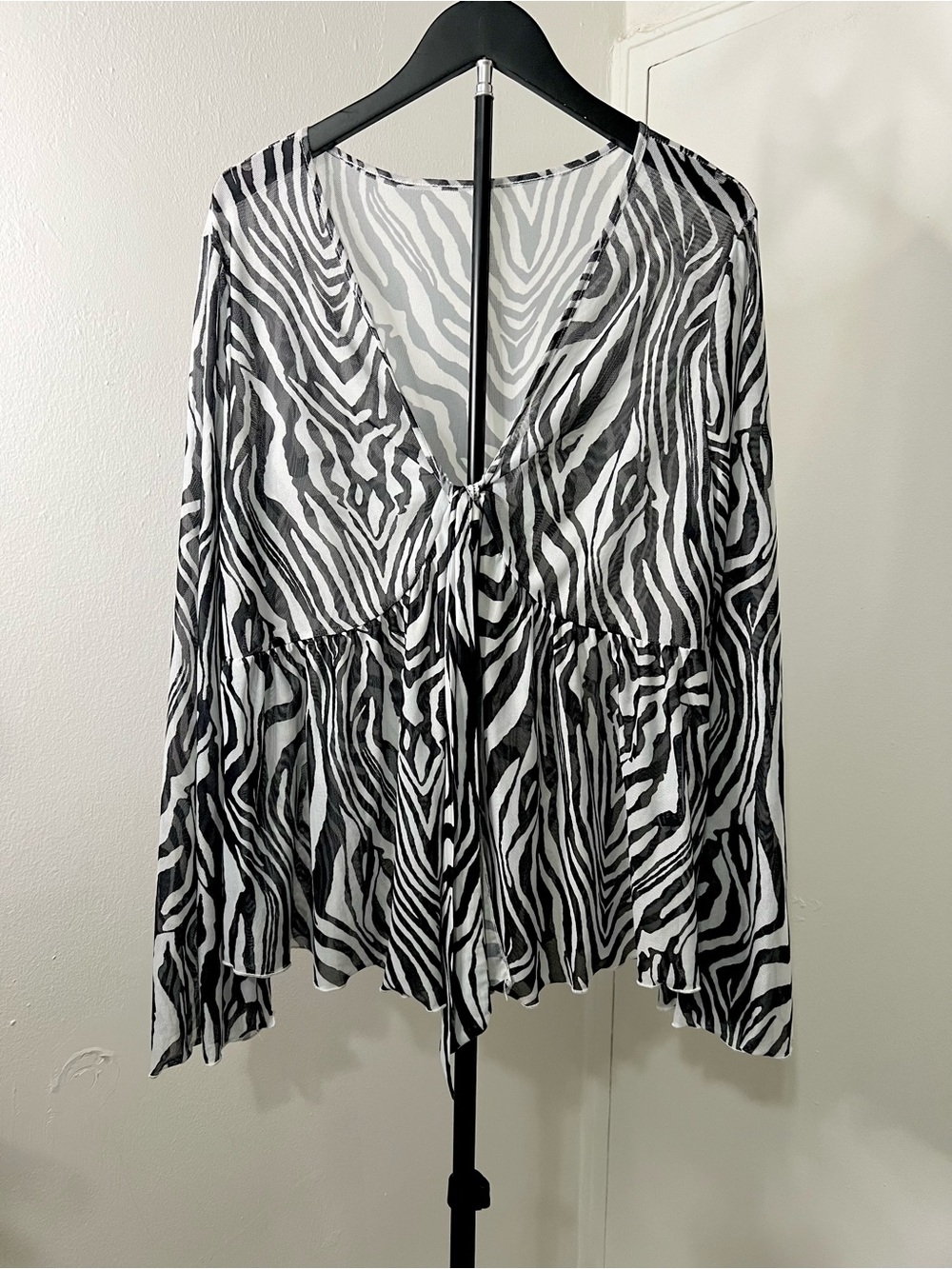 Zebra Print Sheer Mesh Tie Front Babydoll Top Y2K Long Sleeve